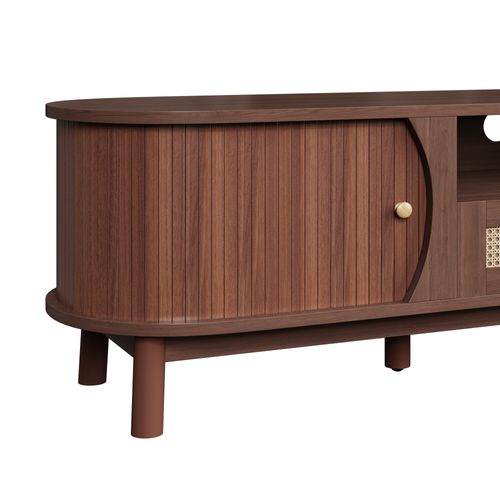 Meuble TV 165x37x46 Cm, Portes Coulissantes Et Tiroirs En Rotin, Mdf, Couleur Noyer