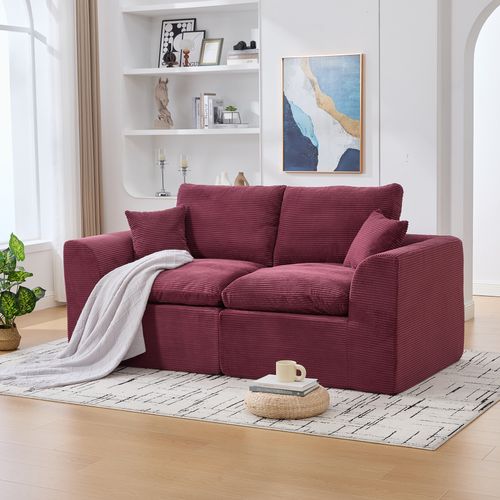 Canapé 2 Places 204x102,5x84 Cm, Confort Renforcé, Tissu Velours Côtelé, Couleur Bordeaux