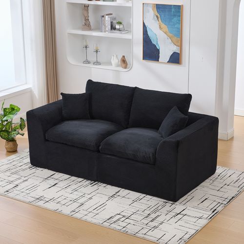 Canapé 2 Places 204x102,5x84 Cm, Dossier Doux, Assise Confortable, Velours Côtelé, Couleur Noir