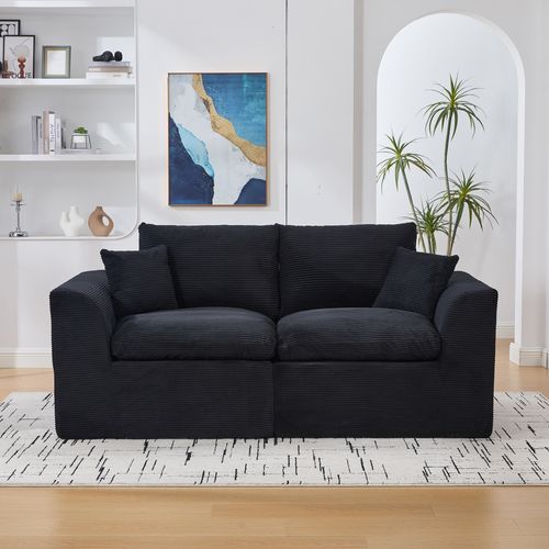 Canapé 2 Places 204x102,5x84 Cm, Dossier Doux, Assise Confortable, Velours Côtelé, Couleur Noir