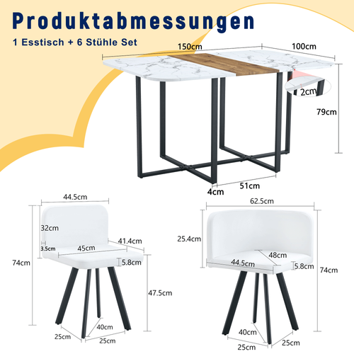 Ensemble Table Extensible 150x100x79 Cm, 6 Chaises, Mdf Et Métal, Pu, Couleur Bois+noir+blanc
