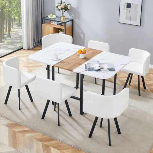 Ensemble Table Extensible 150x100x79 Cm, 6 Chaises, Mdf Et Métal, Pu, Couleur Bois+noir+blanc