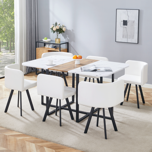 Ensemble Table Extensible 150x100x79 Cm, 6 Chaises, Mdf Et Métal, Pu, Couleur Bois+noir+blanc