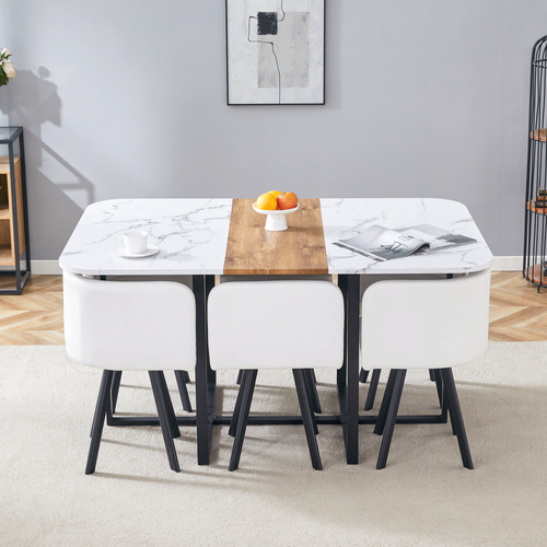 Ensemble Table Extensible 150x100x79 Cm, 6 Chaises, Mdf Et Métal, Pu, Couleur Bois+noir+blanc