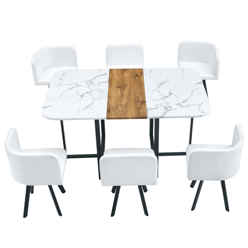 Ensemble Table Extensible 150x100x79 Cm, 6 Chaises, Mdf Et Métal, Pu, Couleur Bois+noir+blanc