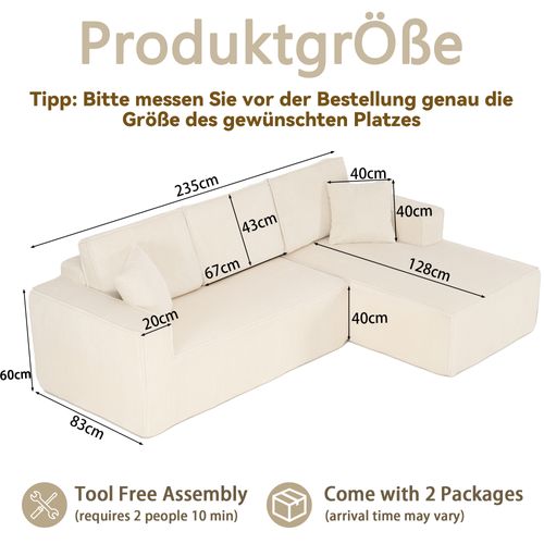 Canapé D'angle Modulable 235x128x60 Cm, Sans Montage, Mousse, Velours Côtelé, Beige