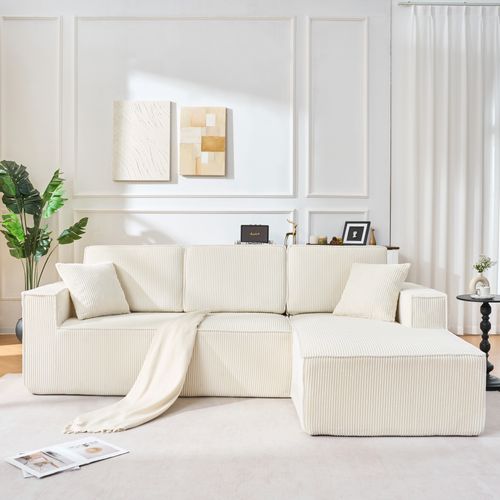 Canapé D'angle Modulable 235x128x60 Cm, Sans Montage, Mousse, Velours Côtelé, Beige