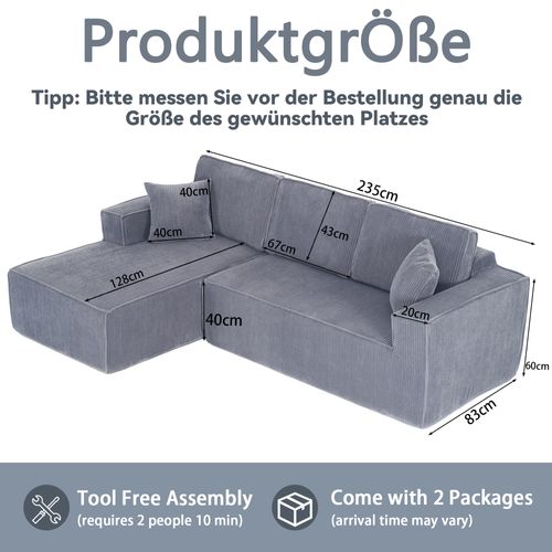 Canapé D'angle Modulable 235x128x60cm, Chaiselongue, Compact Et Pratique, Velours Côtelé, Gris