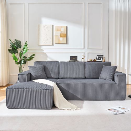 Canapé D'angle Modulable 235x128x60cm, Chaiselongue, Compact Et Pratique, Velours Côtelé, Gris