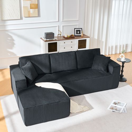 Canapé D'angle Compressé Modulable 235x128x60cm, Tissu Velours Côtelé, Noir
