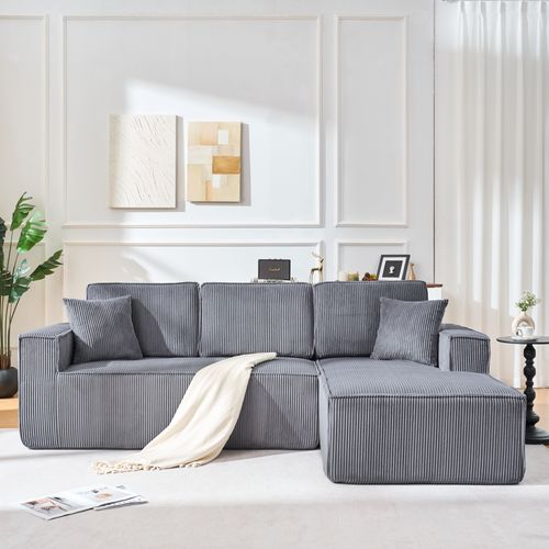 Canapé D'angle Modulable 235x128x60 Cm, Compact 2 Places Avec Chaiselongue, Velours Côtelé Gris