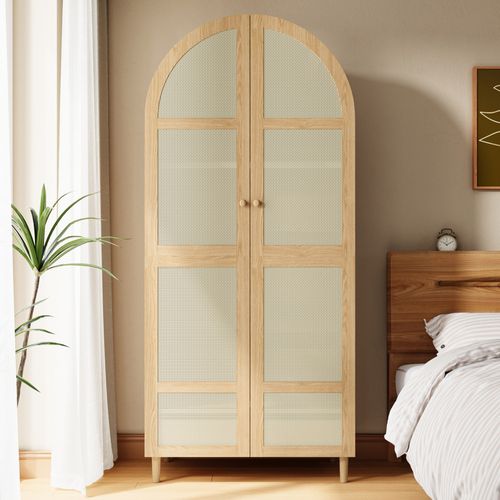 Armoire 80x50x179 Cm, 2 Portes Courbées En Rotin, Penderie, 1 Tiroir, Mdf, Pb, Coloris Bois