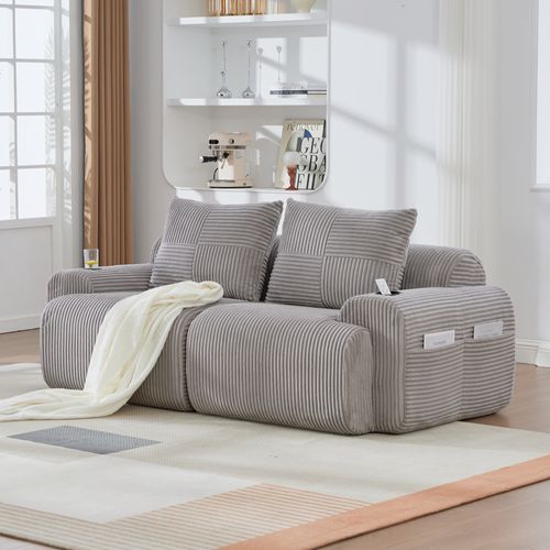 Canapé Modulable 2 Places 200x99x80 Cm, Porte Gobelet, Poche Latérale, Velours Côtelé, Gris Clair