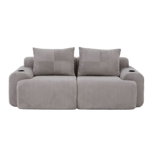 Canapé Modulable 2 Places 200x99x80 Cm, Porte Gobelet, Poche Latérale, Velours Côtelé, Gris Clair