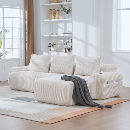 Canapé Modulaire 268x174x80cm, 3 Places, Porte Gobelet, Poche Latérale, Tissu Côtelé Beige