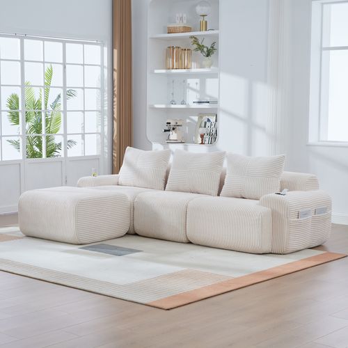 Canapé Modulaire 268x174x80cm, 3 Places, Porte Gobelet, Poche Latérale, Tissu Côtelé Beige