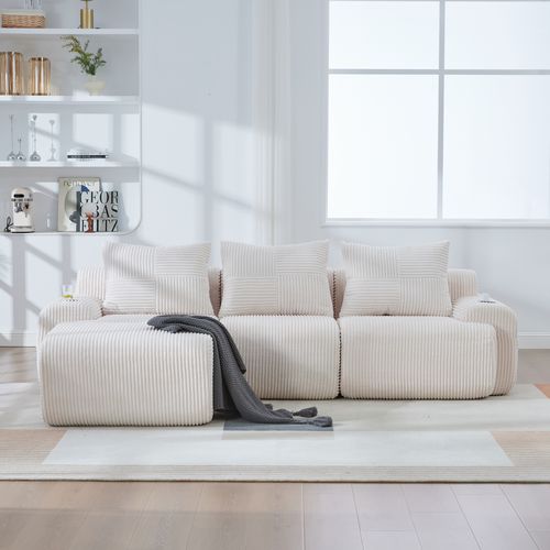 Canapé Modulaire 268x174x80cm, 3 Places, Porte Gobelet, Poche Latérale, Tissu Côtelé Beige