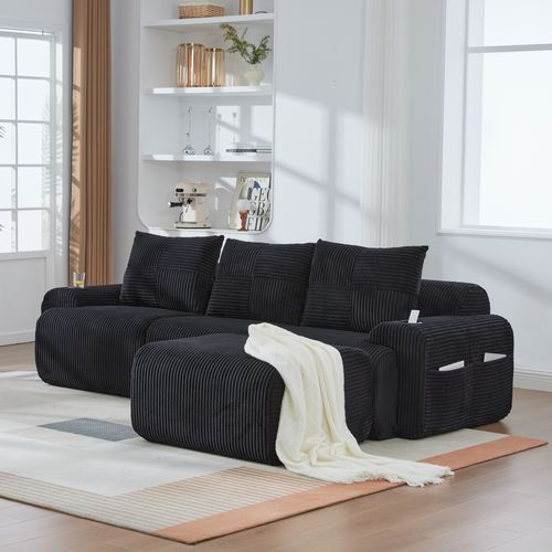 Canapé Modulable 3 Places 268x174x80cm, Porte Gobelet Et Poche Latérale, Velours Côtelé Noir