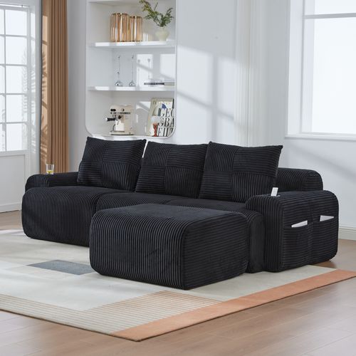 Canapé Modulable 3 Places 268x174x80cm, Porte Gobelet Et Poche Latérale, Velours Côtelé Noir