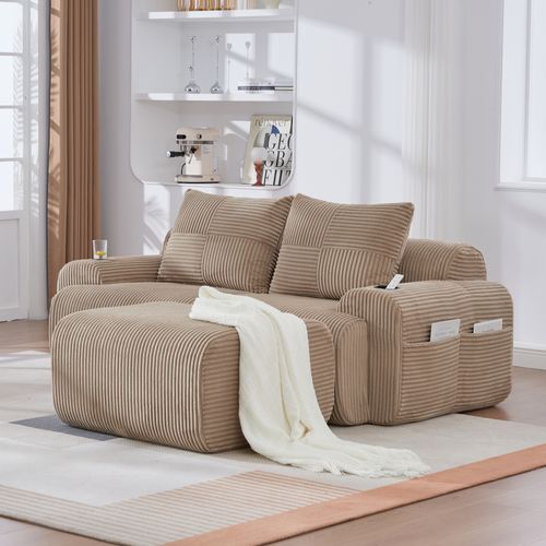 Canapé Modulable 2 Places 200x174x80 Cm, Porte-gobelet Et Poche Latérale, Velours Côtelé Kaki