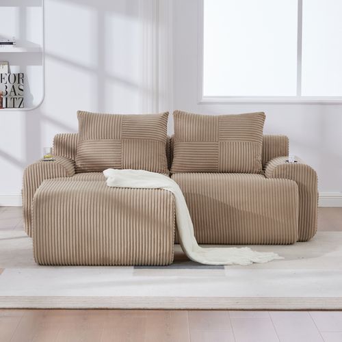 Canapé Modulable 2 Places 200x174x80 Cm, Porte-gobelet Et Poche Latérale, Velours Côtelé Kaki