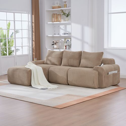 Canapé Modulable 3 Places 268x174x80cm, Porte-gobelet, Poche Latérale, Velours Côtelé, Kaki