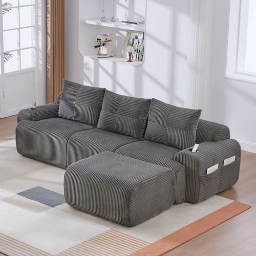 Canapé 3 Places Modulable 268x174x80cm, Porte-gobelet Et Poche Latérale, Velours Côtelé Gris Foncé