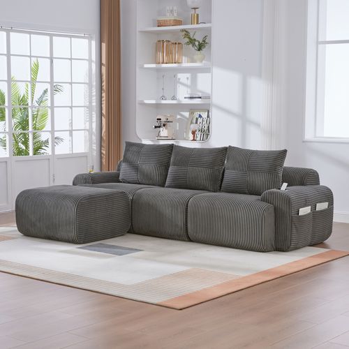 Canapé 3 Places Modulable 268x174x80cm, Porte-gobelet Et Poche Latérale, Velours Côtelé Gris Foncé