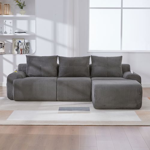 Canapé 3 Places Modulable 268x174x80cm, Porte-gobelet Et Poche Latérale, Velours Côtelé Gris Foncé