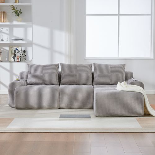 Canapé Modulable 3 Places 268x174x80 Cm, Porte Gobelet, Poche Latérale, Velours Côtelé Gris
