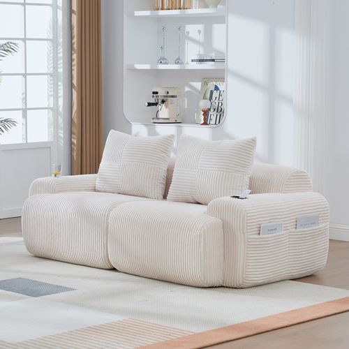 Canapé 2 Places 200x99x80 Cm, Modulaire Avec Porte-gobelet Et Poche Latérale, Velours Côtelé, Beige