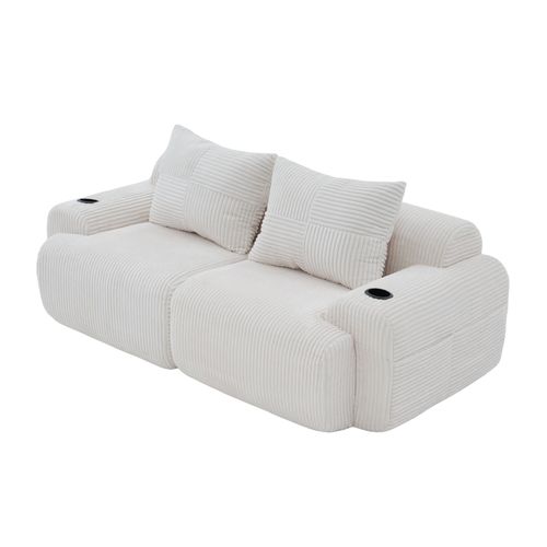 Canapé 2 Places 200x99x80 Cm, Modulaire Avec Porte-gobelet Et Poche Latérale, Velours Côtelé, Beige