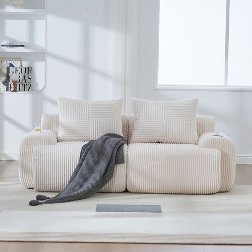 Canapé 2 Places 200x99x80 Cm, Modulaire Avec Porte-gobelet Et Poche Latérale, Velours Côtelé, Beige