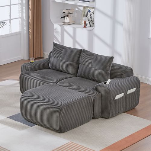 Canapé Modulaire 200x174x80 Cm, 2 Places Avec Porte-gobelet Et Poche, Velours Côtelé, Gris Foncé