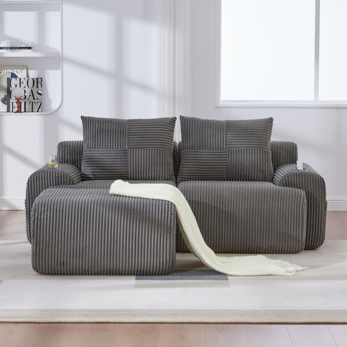 Canapé Modulaire 200x174x80 Cm, 2 Places Avec Porte-gobelet Et Poche, Velours Côtelé, Gris Foncé