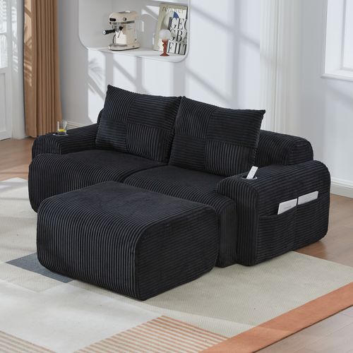 Canapé Modulable 2 Places 200x174x80 Cm, Porte Gobelet Et Poche Latérale, Velours Côtelé Noir