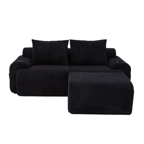 Canapé Modulable 2 Places 200x174x80 Cm, Porte Gobelet Et Poche Latérale, Velours Côtelé Noir