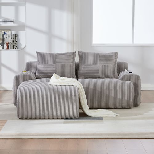 Canapé Modulable 2 Places 200x174x80 Cm, Porte Gobelet Et Poche Latérale, Velours Côtelé, Gris Clair