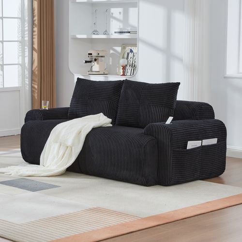 Canapé 2 Places 200x99x80cm, Modulable Avec Porte Gobelet Et Rangement Latéral, Velours Côtelé, Noir