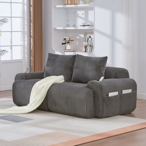 Canapé Modulable 2 Places 200x99x80 Cm, Porte Gobelet Et Poche Latérale, Velours Côtelé Gris Foncé