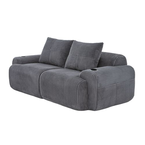 Canapé Modulable 2 Places 200x99x80 Cm, Porte Gobelet Et Poche Latérale, Velours Côtelé Gris Foncé