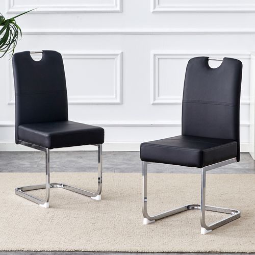 Lot De 2 Chaises De Salle à Manger, Assise 10 Cm à Ressorts, Métal Et Pu, Noir+argenté