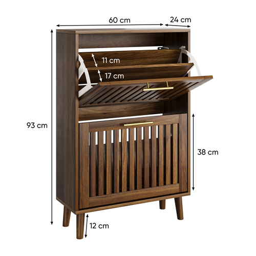 Meuble à Chaussures 60x24x93cm, 2 Portes à Bascule, Mdf, Panneaux De Paricules, Couleur Brun