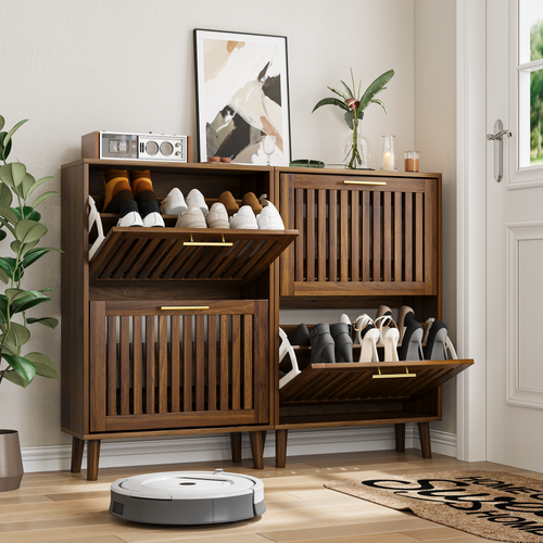 Meuble à Chaussures 60x24x93cm, 2 Portes à Bascule, Mdf, Panneaux De Paricules, Couleur Brun