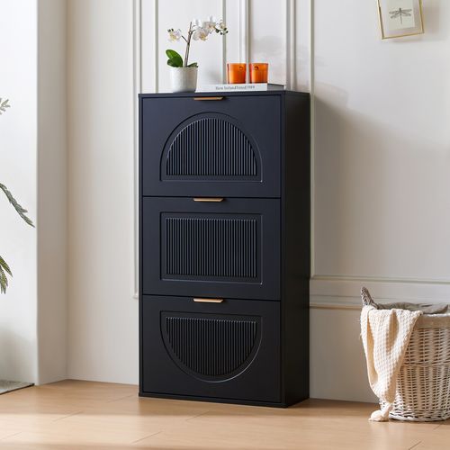Meuble à Chaussures Étroit 60x24x114 Cm, 3 Clapets Et Anti-basculement, Gain De Place, Mdf, Noir