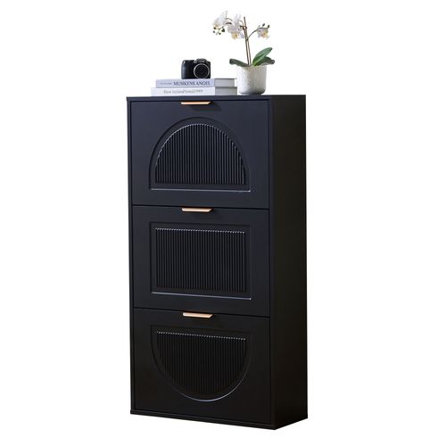 Meuble à Chaussures Étroit 60x24x114 Cm, 3 Clapets Et Anti-basculement, Gain De Place, Mdf, Noir