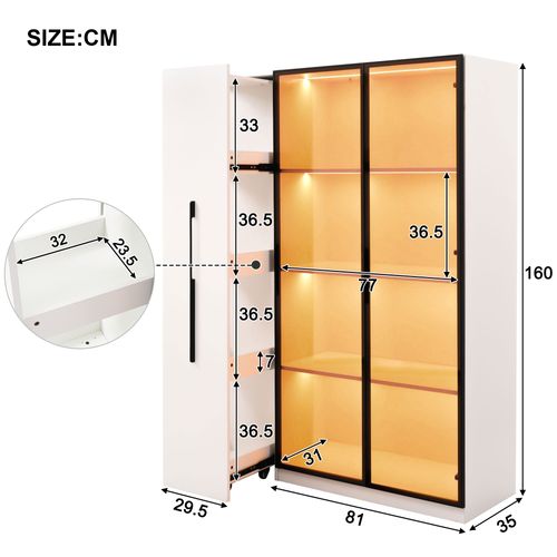 Vitrine LED 110,5x35x160 Cm, Armoire à Roulettes Avec Tiroir Latéral, 4 Niveaux, Mdf, Blanc