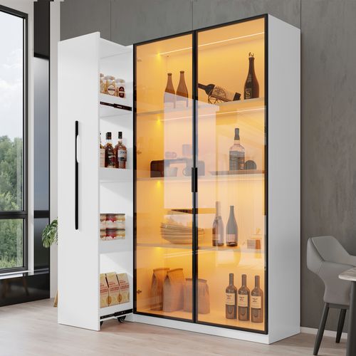 Vitrine LED 110,5x35x160 Cm, Armoire à Roulettes Avec Tiroir Latéral, 4 Niveaux, Mdf, Blanc