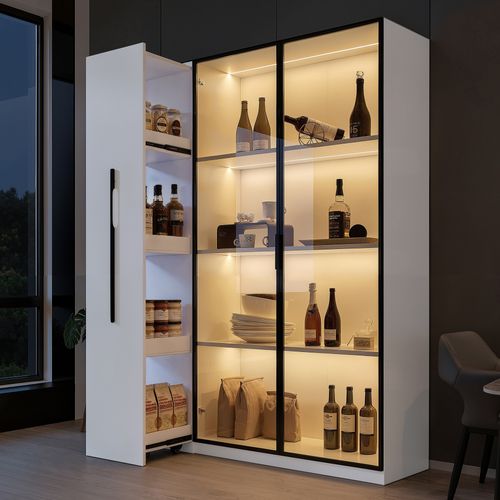 Vitrine LED 110,5x35x160 Cm, Armoire à Roulettes Avec Tiroir Latéral, 4 Niveaux, Mdf, Blanc