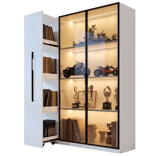 Vitrine LED 110,5x35x160 Cm, Armoire à Roulettes Avec Tiroir Latéral, 4 Niveaux, Mdf, Blanc